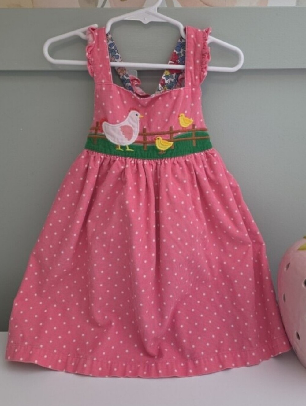 Baby Boden 3-4 Pink Polka Dot Dress Corduroy 3t 4t Chicken Chick Appliqué